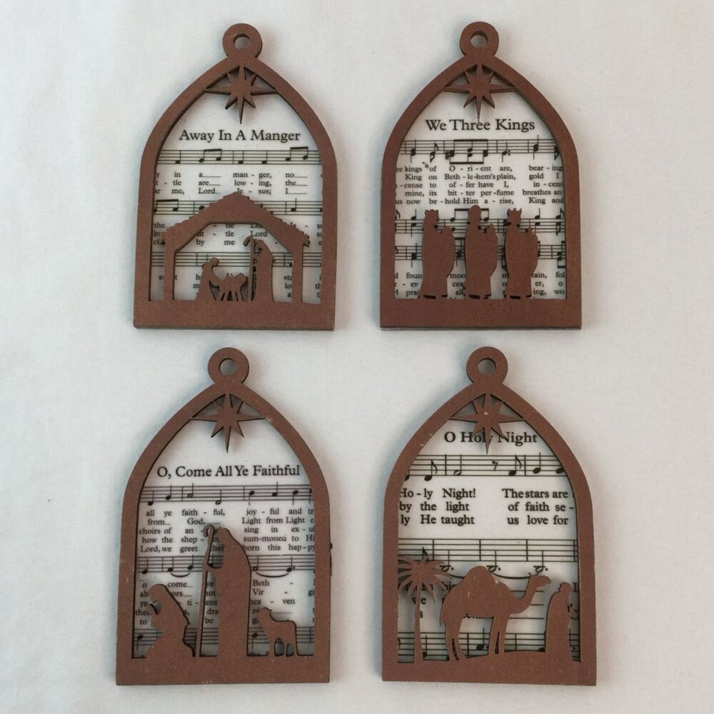 Wood‎ Laser Cut Nativity Christmas Ornament w/Carol Music 4" Set of 4 Lot #1